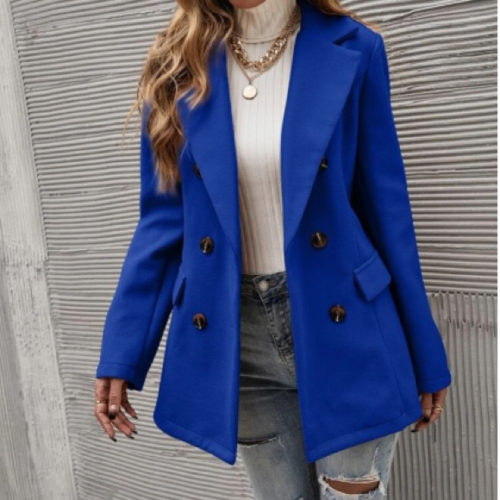 Classic Blue Double Breast Button Up Jacket Coat
